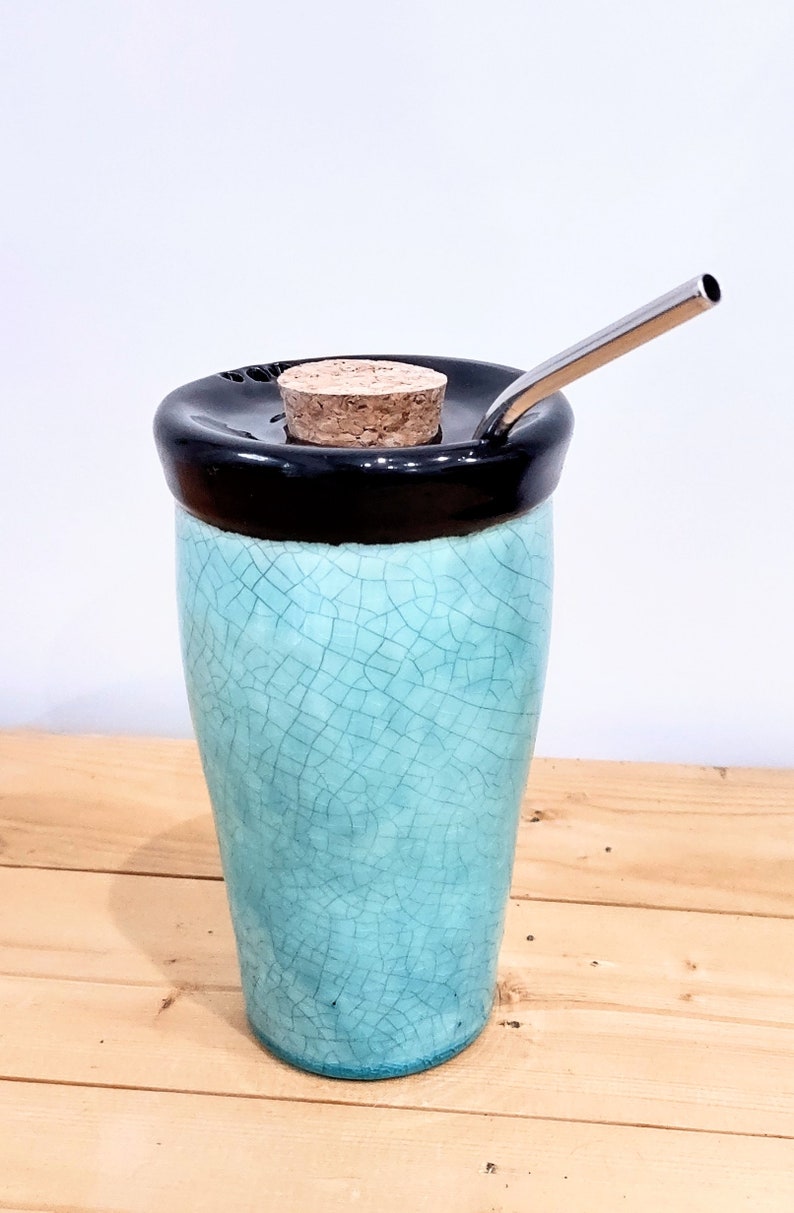 6 Ceramic Travel Cup With Cork, Metal Straw and Cleaning Brush. 14oz