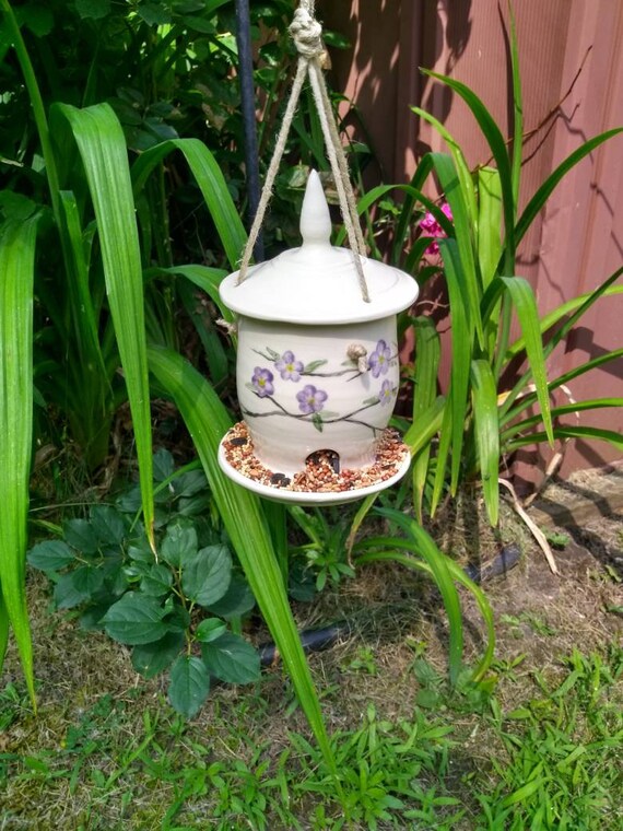Adjustable White Ceramic Bird Feeder With Purple Blossoms Etsy