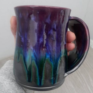 Ceramic Handwarmer/Snuggle Mug, Glazed to Order Double-handed, Open-pocket Mug, Purple and Black Glazes, Right-handed OR Left-handed