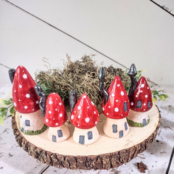 Ceramic Amanita Mushroom Tiny Houses for Terrariums, Aquariums, Planters & Fairy Gardens, Amanita Mushroom Ornaments, Gnome House