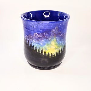 Ceramic Handwarmer Snuggle Mug, Hand-Painted Aurora Borealis/Northern Lights, Galaxy Mug. Glazed to Order, Right or Left-handed
