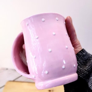 Ceramic Pink and White Polka dot, Double-sided, Handwarmer Heart shaped Rim Mug. Ready to ship, Righty OR Lefty Pocket Mug