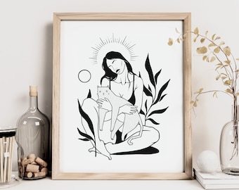 CAT LADY | Cat art print | Woman and cat wall art | Cat line art | Feminist art | Witchy cat decor | Cat mom | Best friend gift | Plants
