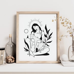 CAT LADY | Cat art print | Woman and cat wall art | Cat line art | Feminist art | Witchy cat decor | Cat mom | Best friend gift | Plants