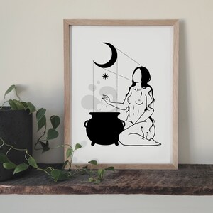 May include: Black and white line art print of a woman stirring a cauldron with a crescent moon and star in the background.