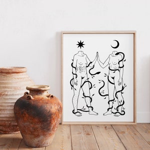 NACHT & TAG | Göttlich feminin Kunstdruck | Boho Kunst | Sapphic | Selbstliebe Wandkunst | Körper positiv | Kunst ermächtigen | Botanische | Pflanzendruck
