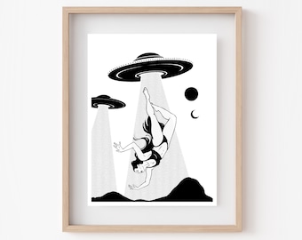 ABDUCTION | UFO art print | Alien drawing | Trippy wall art | Weird surreal poster | Extraterrestrial | Flying saucer | Strange home decor