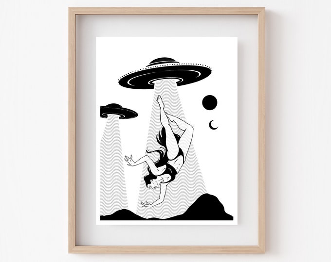 ABDUCTION | UFO art print | Alien drawing | Trippy wall art | Weird surreal poster | Extraterrestrial | Flying saucer | Strange home decor