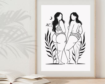 LUSH / Arte lineal de mujer con curvas / Impresión de positividad corporal / Decoración lésbica / de brujas / Arte mural desnudo / Chicas fumetas / Arte de marihuana / Feminista / Chica pin-up