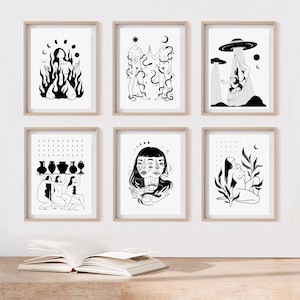 May include: Set of six black and white illustrations in minimalist style. Each illustration features a female figure in a different pose, with various symbolic elements such as moons, stars, plants, and geometric shapes.