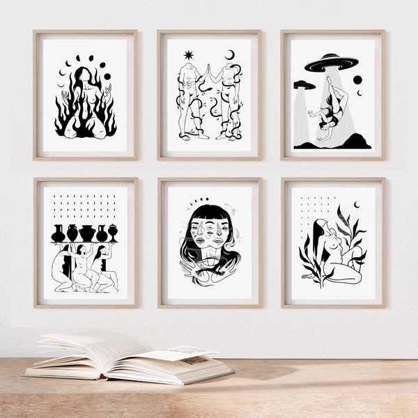 SET OF 6 PRINTS | Personalized print set | Gallery wall art |  Custom art print | Minimalist line art | Witchy decor | Surreal | Friend gift