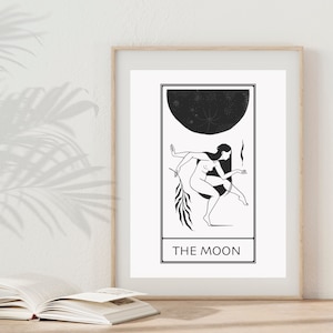 LA LUNE | Art mural carte de tarot | Décoration occulte | Affiche de sorcière | Impression d'art au trait minimaliste | Dessin des phases de la lune | Cadeau étrange
