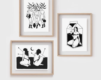 SET OF 3 PRINTS | Personalized print set | Gallery wall art | Minimalist line art | Witchy home decor | Feminist poster | Black and white