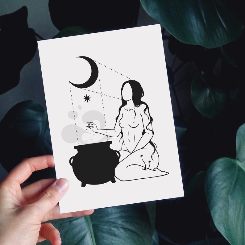May include: Black and white line art illustration of a person standing next to a cauldron with a crescent moon and stars in the background.