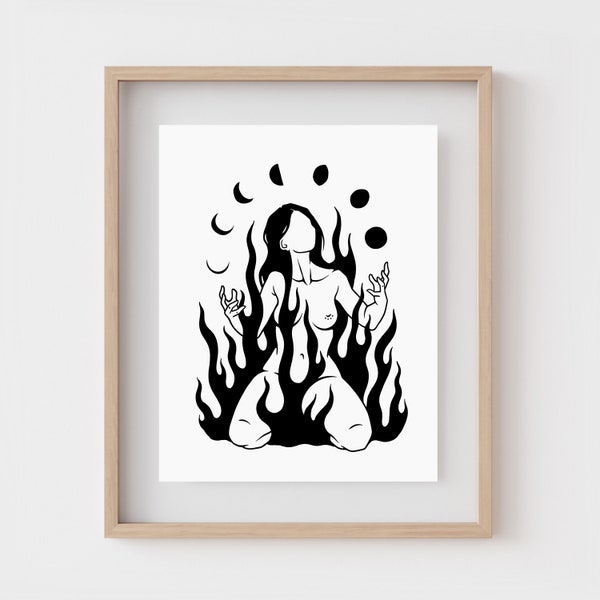 BURN | Witch wall art | Woman on fire art print | Dark art | Flames | Occult decor | Female figure | Moons | Lunar phase | Wiccan poster