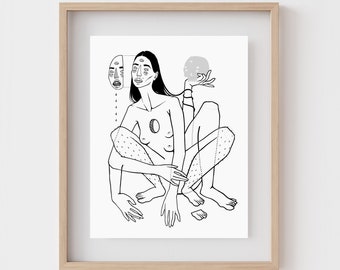 MÉDICO BRUJO / Lámina artística extraña / Decoración de brujas / Arte mural surrealista y espeluznante / Dibujo extraño / Magia negra / Mujer espeluznante / Brujería / Calavera