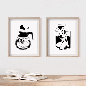 May include: Two black and white illustrations in frames. The first illustration shows a person inside a coffee pot. The second illustration shows a person inside a milk carton.
