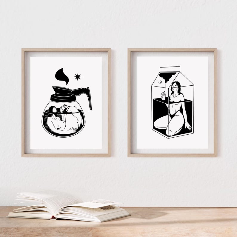 May include: Two black and white illustrations in frames. The first illustration shows a person inside a coffee pot. The second illustration shows a person inside a milk carton.