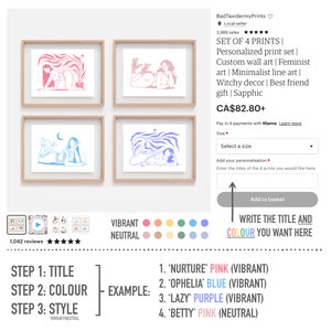 May include: Set of four personalized prints featuring minimalist line art illustrations of women in various poses. The prints are available in vibrant and neutral color palettes. The text "SET OF 4 PRINTS | Personalized print set | Custom wall art | Feminist art | Minimalist line art | Witchy decor | Best friend gift | Sapphic" is visible in the image.