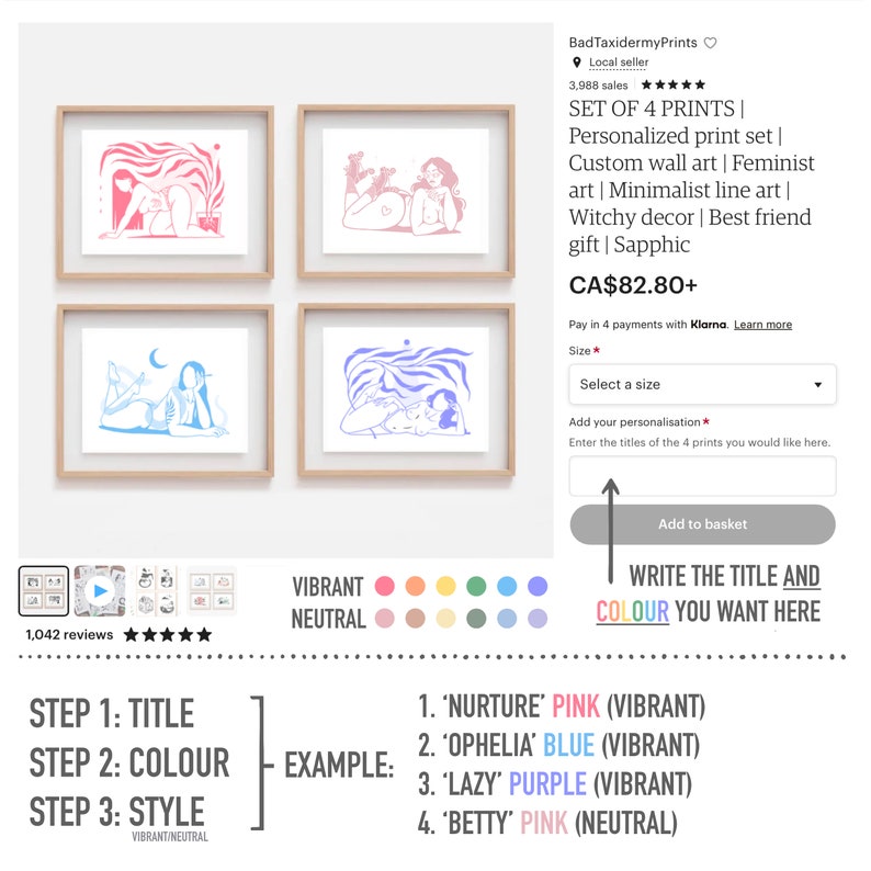 May include: Set of four personalized prints featuring minimalist line art illustrations of women in various poses. The prints are available in vibrant and neutral color palettes. The text "SET OF 4 PRINTS | Personalized print set | Custom wall art | Feminist art | Minimalist line art | Witchy decor | Best friend gift | Sapphic" is visible in the image.