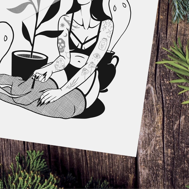 May include: Black and white line art illustration of a woman with tattoos sitting with a plant in a pot. The woman is wearing a bra, fishnet stockings, and a garter belt. She has a ghost behind her and is holding a cigarette.