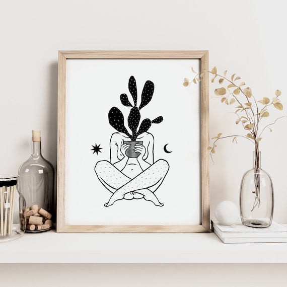 PRICKLY | Cactus Art Print | Nude Woman Wall Art | Surreal Line Drawing |  Witchy Decor | Friend Gift | Plant Lover Babe | Sun & Moon Poster - Etsy