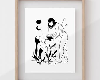 LA EMPÁTICA / Impresión artística de desnudo femenino / Arte lineal feminista / Decoración de brujas / Arte queer / Regalo para mejor amiga / Arte mural lésbico / Dibujo surrealista