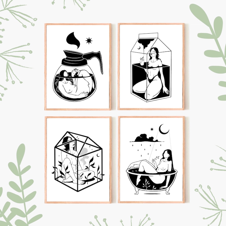 May include: Set of four black and white illustrations featuring a woman in different containers. The first image shows a woman in a coffee pot, the second shows a woman in a milk carton, the third shows a woman in a greenhouse, and the fourth shows a woman in a bathtub.