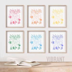 May include: Six framed prints of a stylized illustration of three figures holding jugs. Each print features a different color palette: pink, orange, yellow, green, blue, and purple.