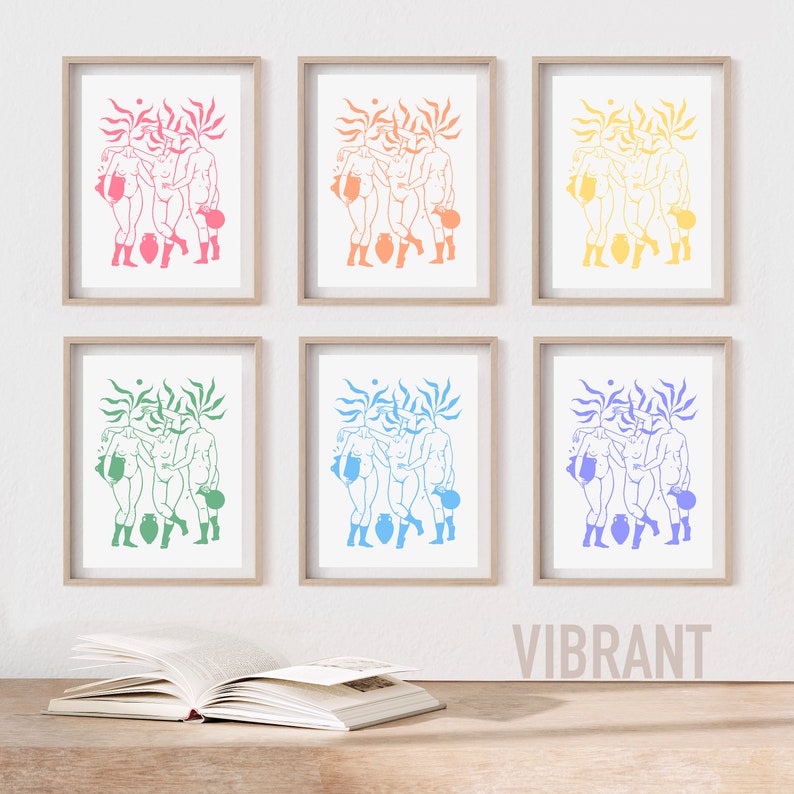 May include: Six framed prints of a stylized illustration of three figures holding jugs. Each print features a different color palette: pink, orange, yellow, green, blue, and purple.