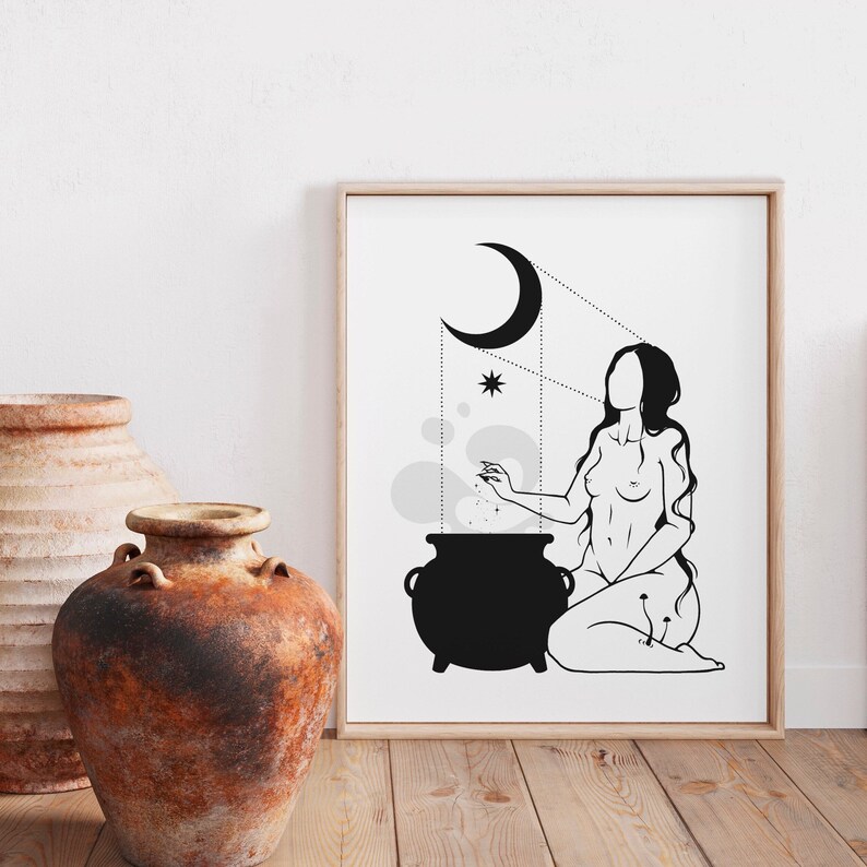 May include: Black and white line art print of a woman stirring a cauldron with a crescent moon and stars in the background.