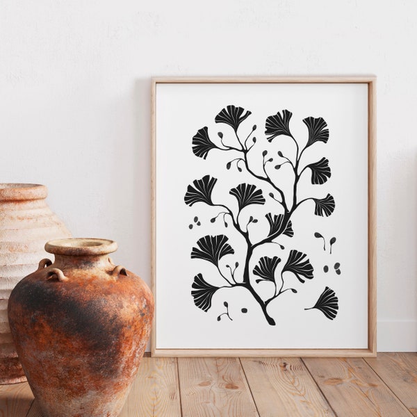 GINKGO LEAF | Plant wall art | Nature art print | Botanical home decor | Witchy decor | Black | Minimalist line art | Gardener gift