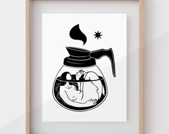 POT HEAD | Coffee art print | Coffee lover gift | Kitchen wall art | Surreal feminist decor | Stoner girl | Coffee and cigarettes | Smoke