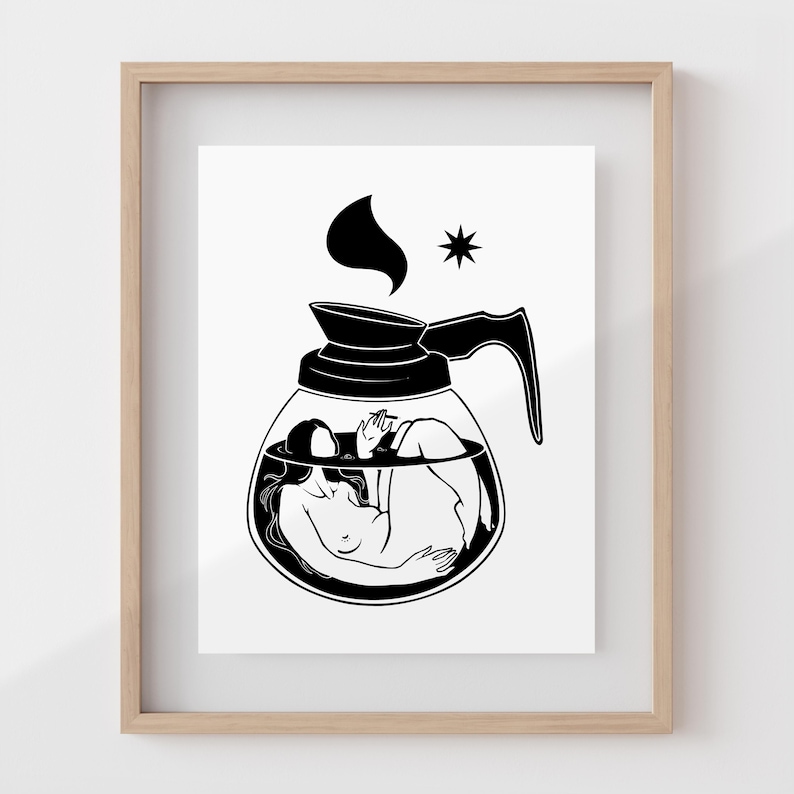 May include: Black and white illustration of a person submerged in a coffee pot. The person is depicted in a relaxed pose, with their arms and legs outstretched. The coffee pot is a traditional design with a spout and handle.
