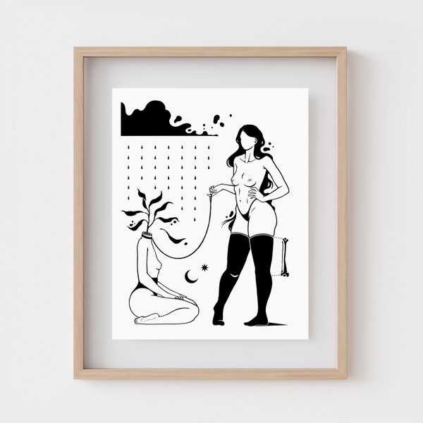 PLANT MAMA | Erotic art | Weird gift | Surreal art | BDSM print | Feminist art | Dominatrix | Plant head | Nude woman line art | Botanical