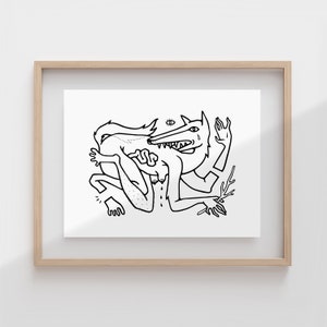 May include: Black and white line drawing of a wolf-like creature with multiple limbs and a third eye. The creature is biting its own tail and has a tear coming from its eye.