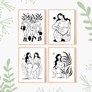 May include: Set of four black and white illustrations featuring women with various body types and tattoos. Each illustration is framed in a light wood frame and set against a white background.