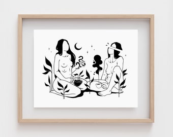 COFFEE & TEA | Best friend gift | Feminist art | Minimalist line art | Witchy decor | Lesbian art print | Sapphic art | Nature | Surreal