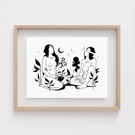 COFFEE & TEA | Best friend gift | Feminist art | Minimalist line art | Witchy decor | Lesbian art print | Sapphic art | Nature | Surreal