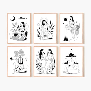 May include: Set of six black and white illustrations featuring women with plants and celestial elements. Each illustration is framed in a simple wooden frame.