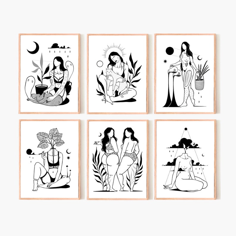 May include: Set of six black and white illustrations featuring women with plants and celestial elements. Each illustration is framed in a simple wooden frame.
