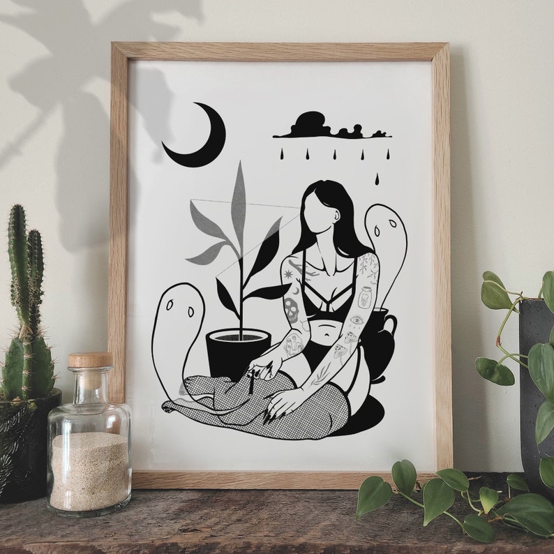 May include: Black and white illustration of a woman with tattoos sitting with a ghost and a plant in a pot. The woman is wearing a black bra and stockings. The background is a white wall with a crescent moon, a cloud, and raindrops.