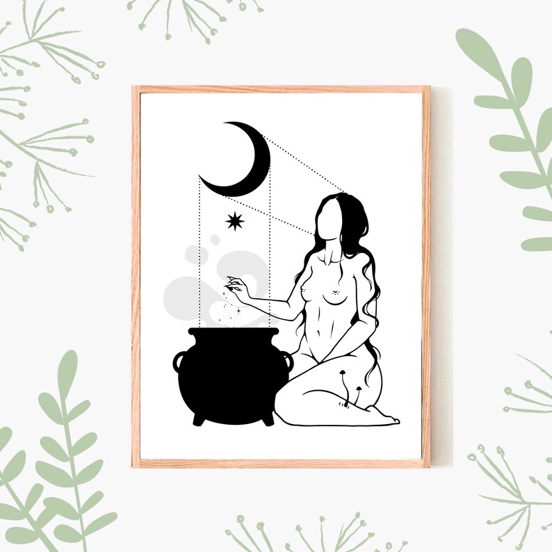 May include: Black and white line art print of a woman with long hair, sitting beside a cauldron, with a crescent moon and a star in the background.