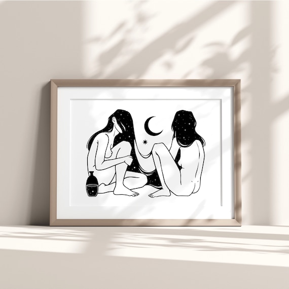 SPACE | Celestial art print | Best friend gift | Boho art | Moon | Minimalist line art | Witchy decor | Cosmic drawing | Surreal wall art