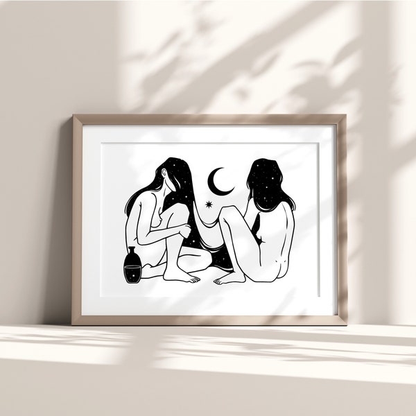 SPACE | Celestial art print | Best friend gift | Boho art | Moon | Minimalist line art | Witchy decor | Cosmic drawing | Surreal wall art