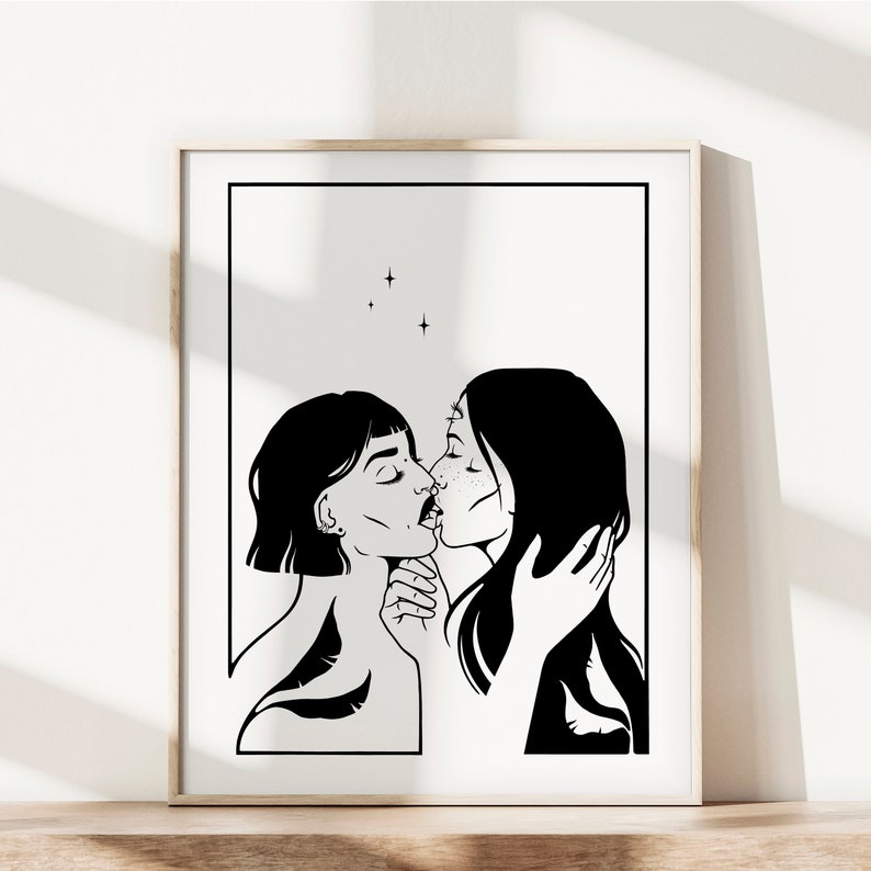 KISS | Sapphischer Kunstdruck | Queer Liebe Plakat | Frauen Linie Zeichnung | Witchy Dekor | Schwul | LGBTQ Wanddekor | Feministische Wohnkultur | Lesbisch Bild 4
