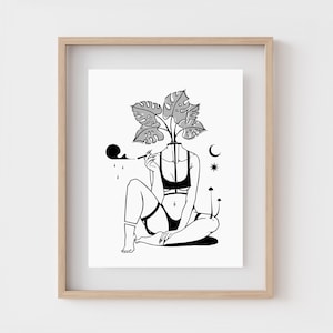 DELICIOSA | Monstera art print | Plant head woman wall art | Weird line drawing | Witchy decor | Feminist wall art | Surreal Pin-up girl
