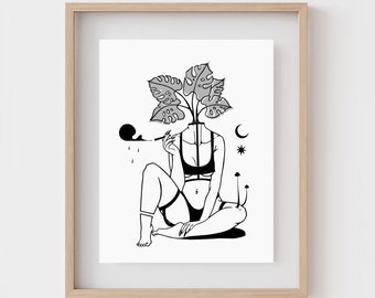 DELICIOSA | Monstera art print | Plant head woman wall art | Weird line drawing | Witchy decor | Feminist wall art | Surreal Pin-up girl
