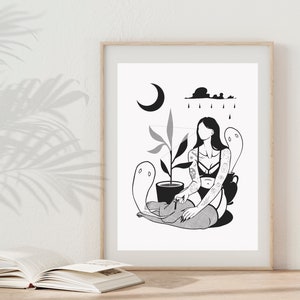 May include: Black and white illustration of a woman with tattoos sitting with a ghost and a plant. The woman is wearing a bra and fishnet stockings. The background includes a crescent moon, a cloud, and raindrops.