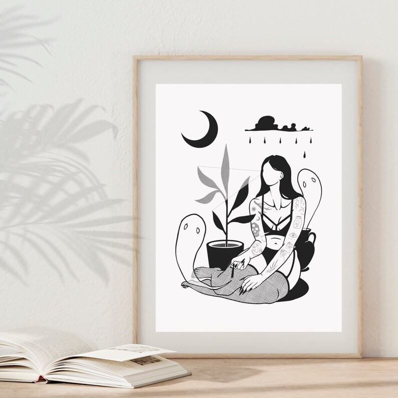 May include: Black and white illustration of a woman with tattoos sitting with a ghost and a plant. The woman is wearing a bra and fishnet stockings. The background includes a crescent moon, a cloud, and raindrops.